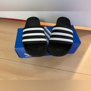 Adidas Black and White Striped Slides